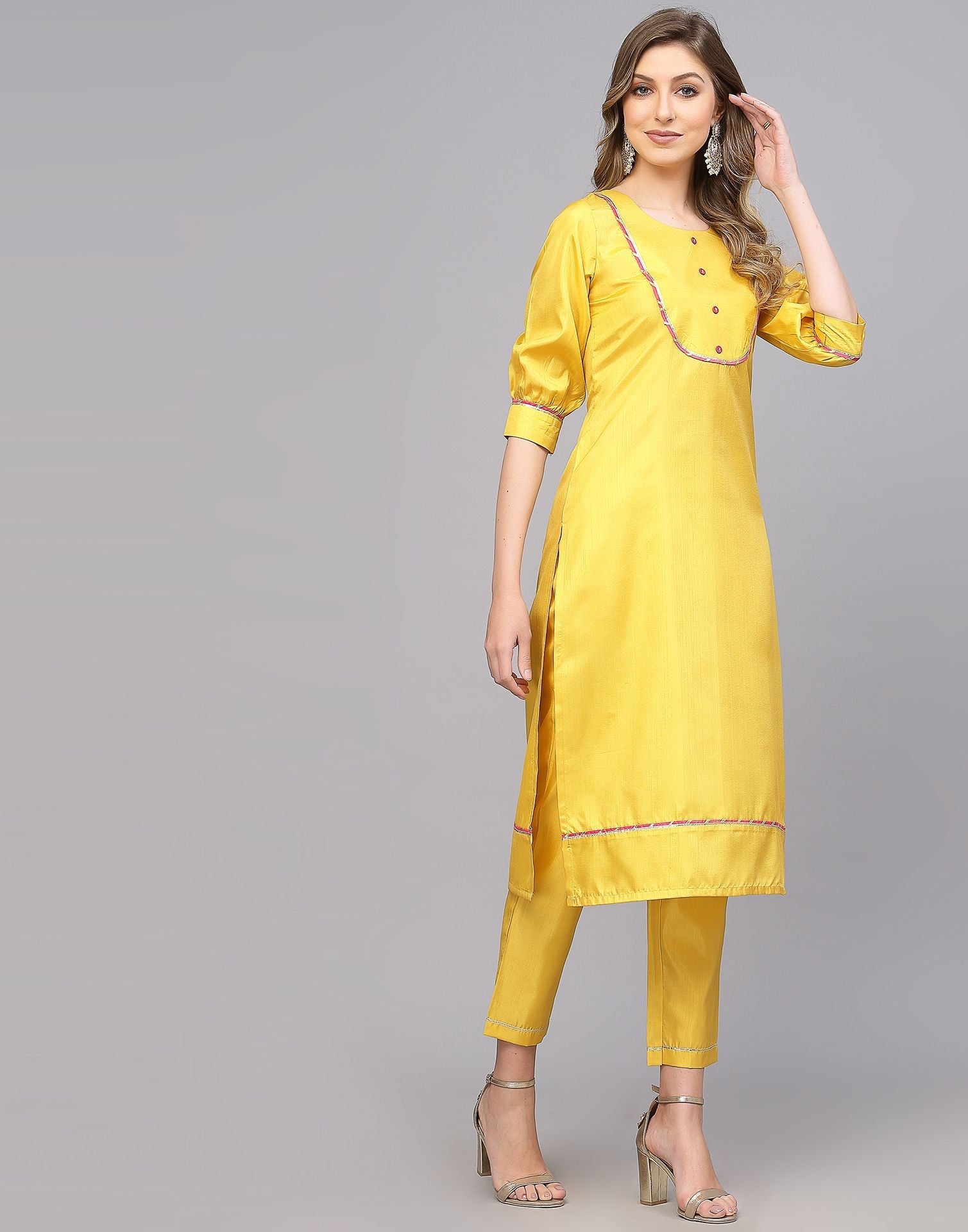 Yellow Silk Plain Straight Kurta With Pant Set | Leemboodi