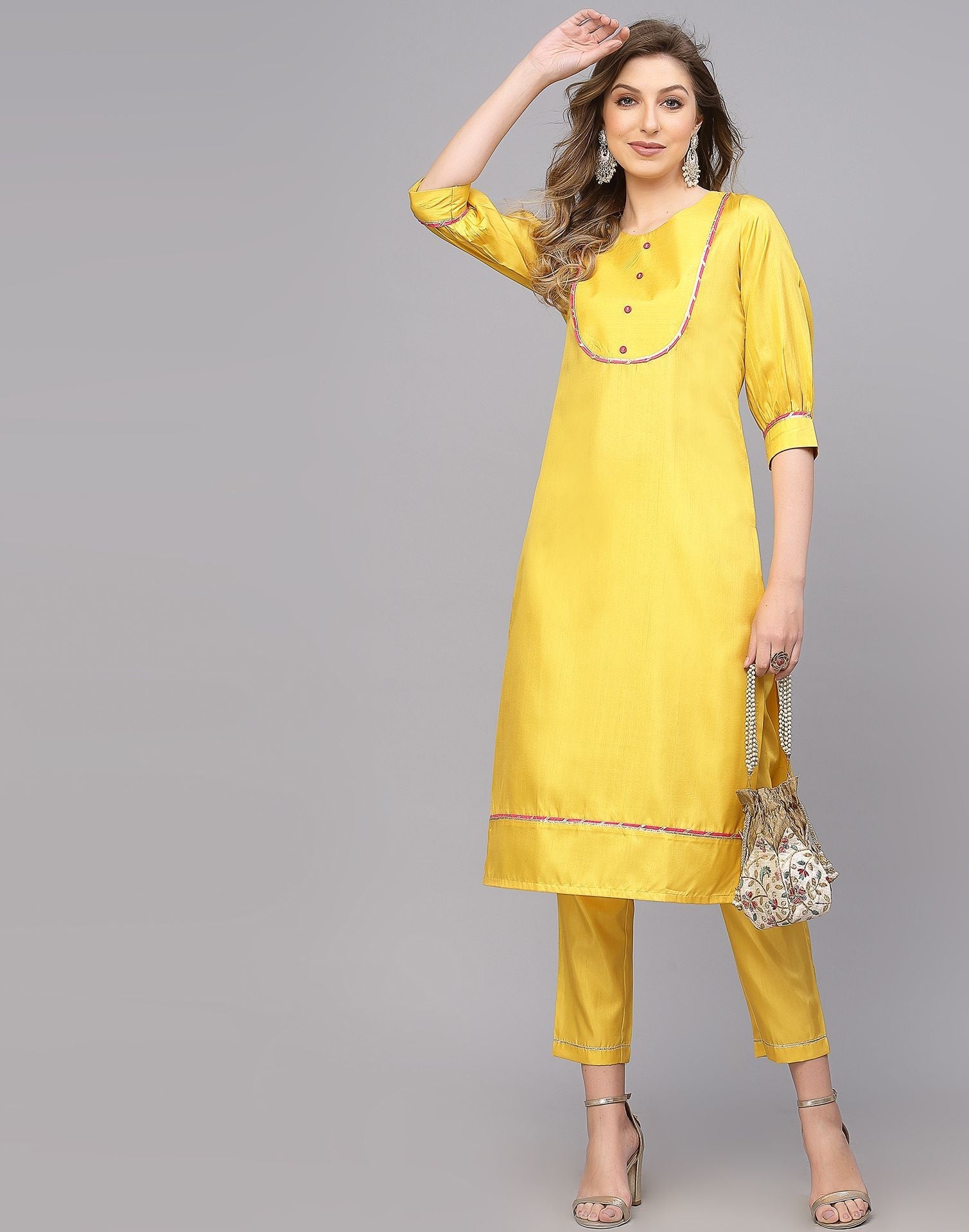 Yellow Silk Plain Straight Kurta With Pant Set | Leemboodi