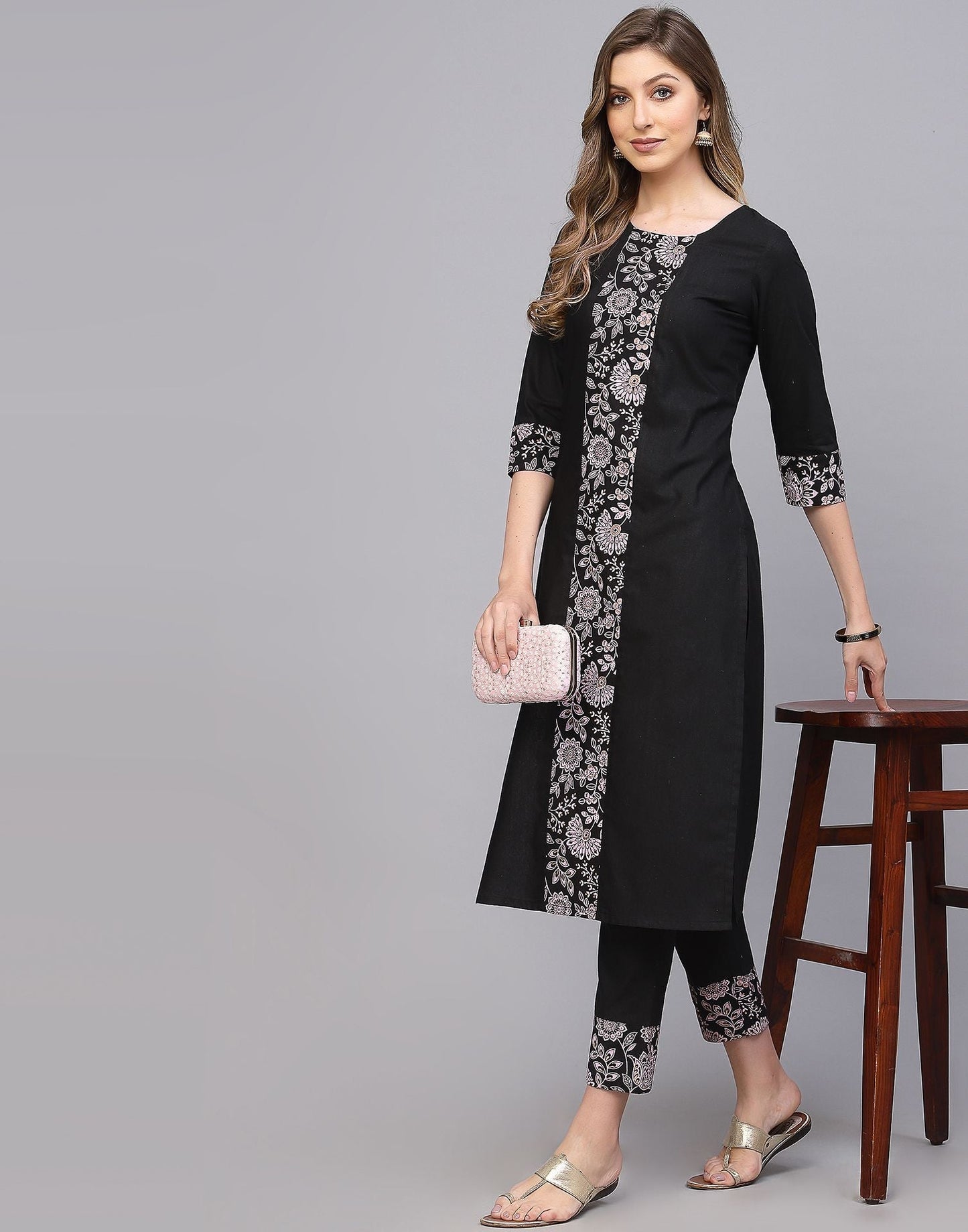 Black Cotton Kurti With Pant Set | Leemboodi