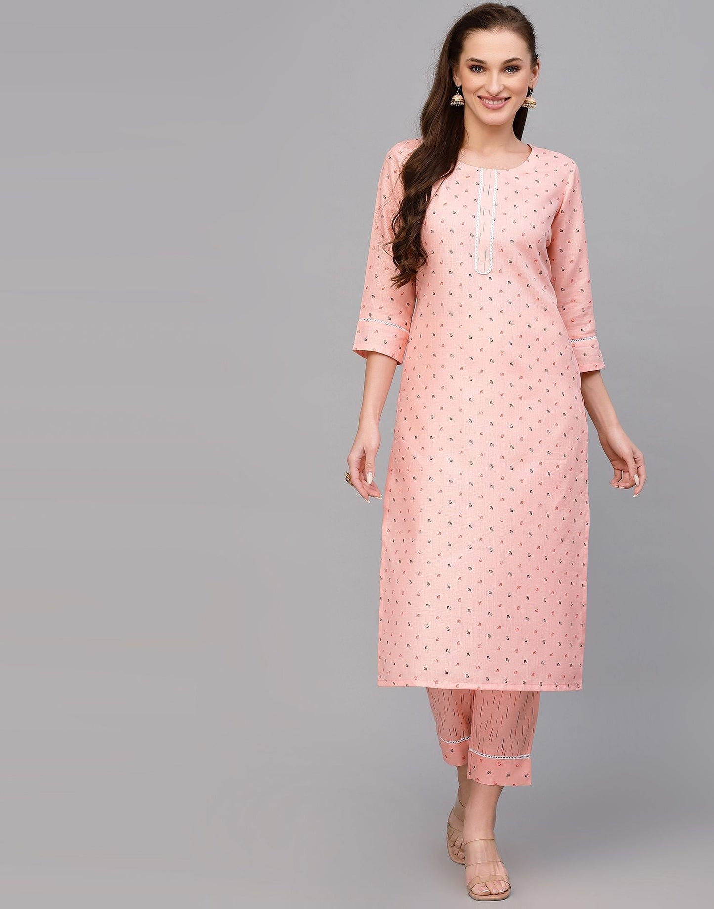 Peach Cotton Printed Straight Kurta With Pant Set | Leemboodi