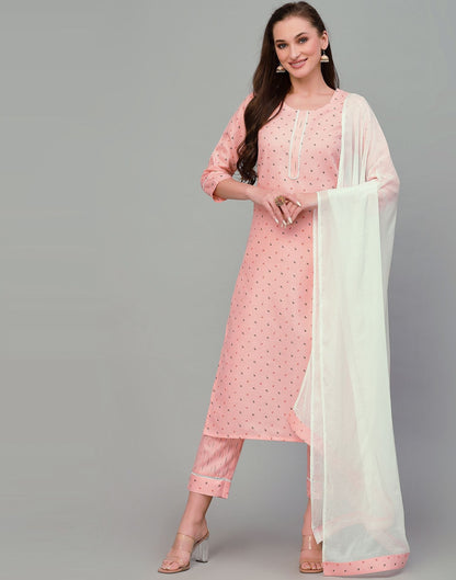 Peach Printed Cotton Kurti With Pant And Dupatta | Leemboodi