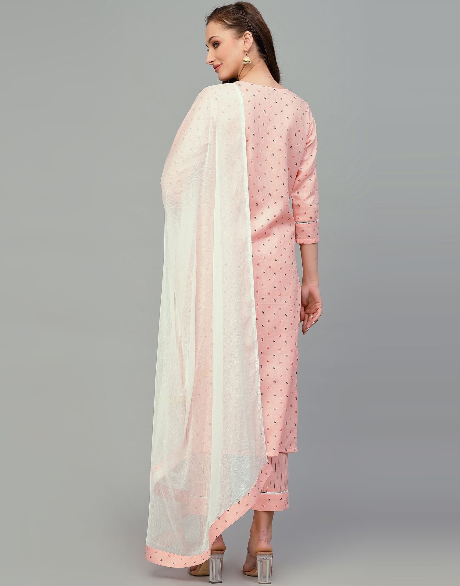 Peach Printed Cotton Kurti With Pant And Dupatta | Leemboodi