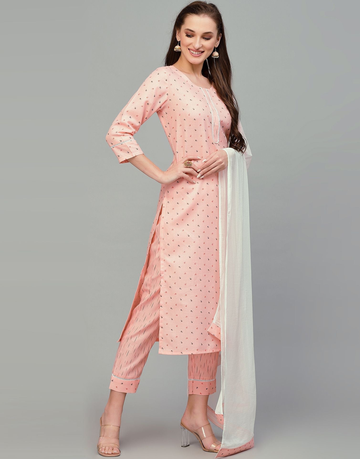 Peach Printed Cotton Kurti With Pant And Dupatta | Leemboodi