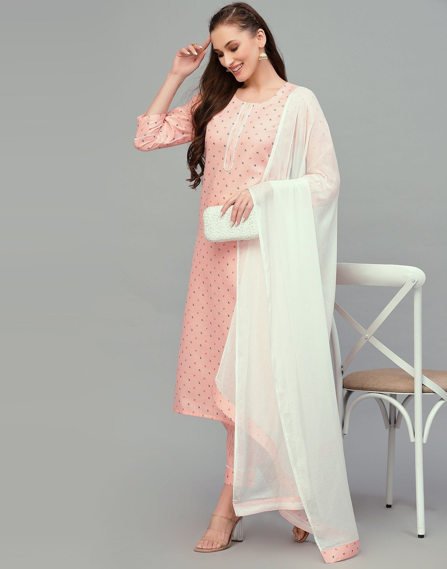 Peach Printed Cotton Kurti With Pant And Dupatta | Leemboodi