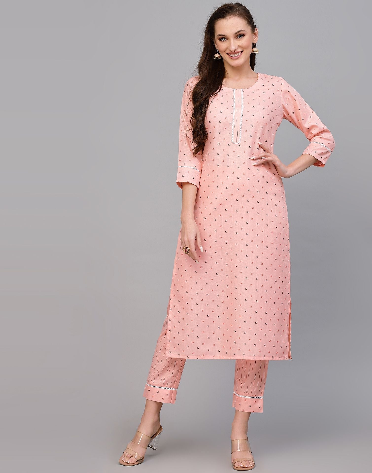 Peach Printed Cotton Kurti With Pant And Dupatta | Leemboodi