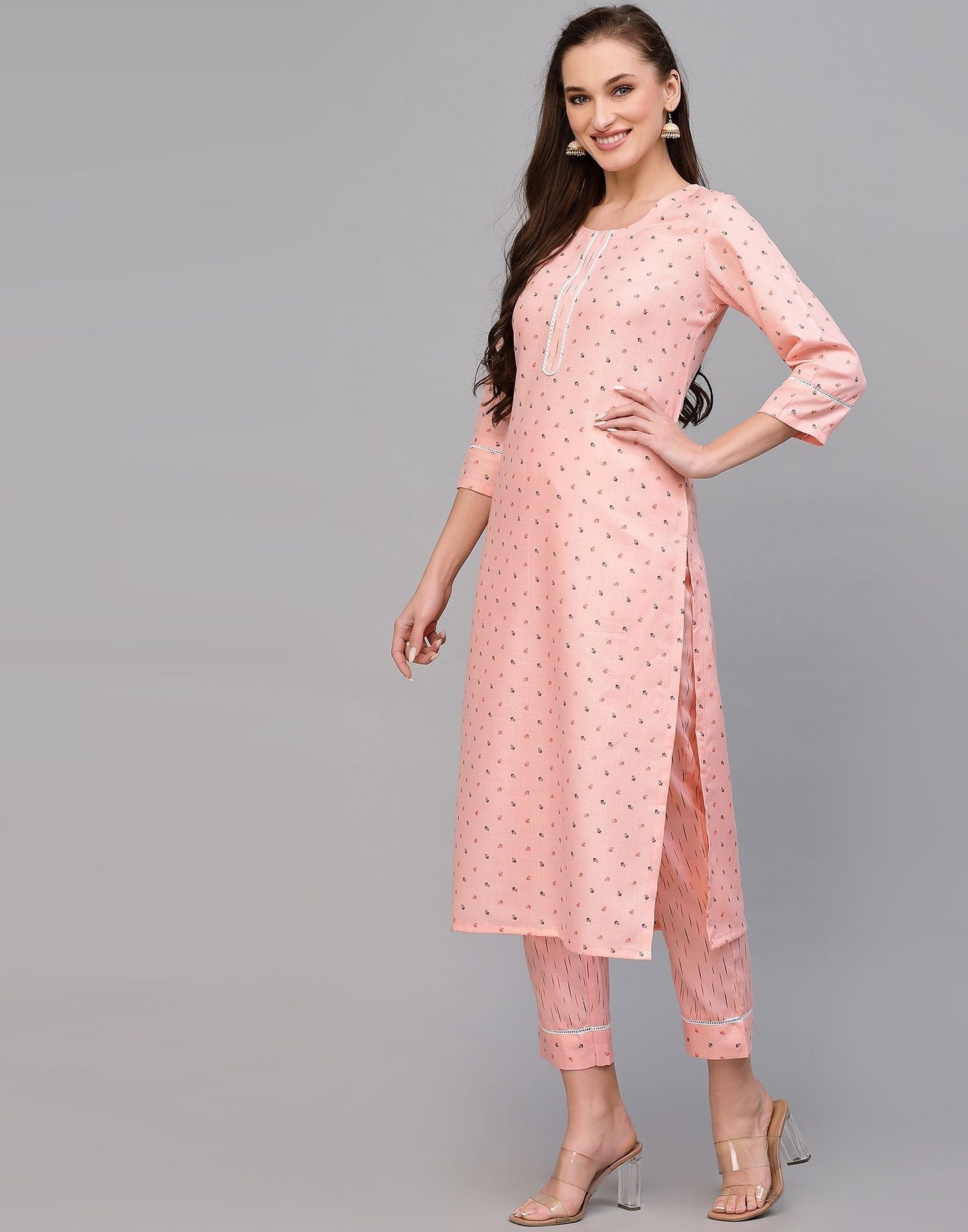 Peach Cotton Printed Straight Kurta With Pant Set | Leemboodi