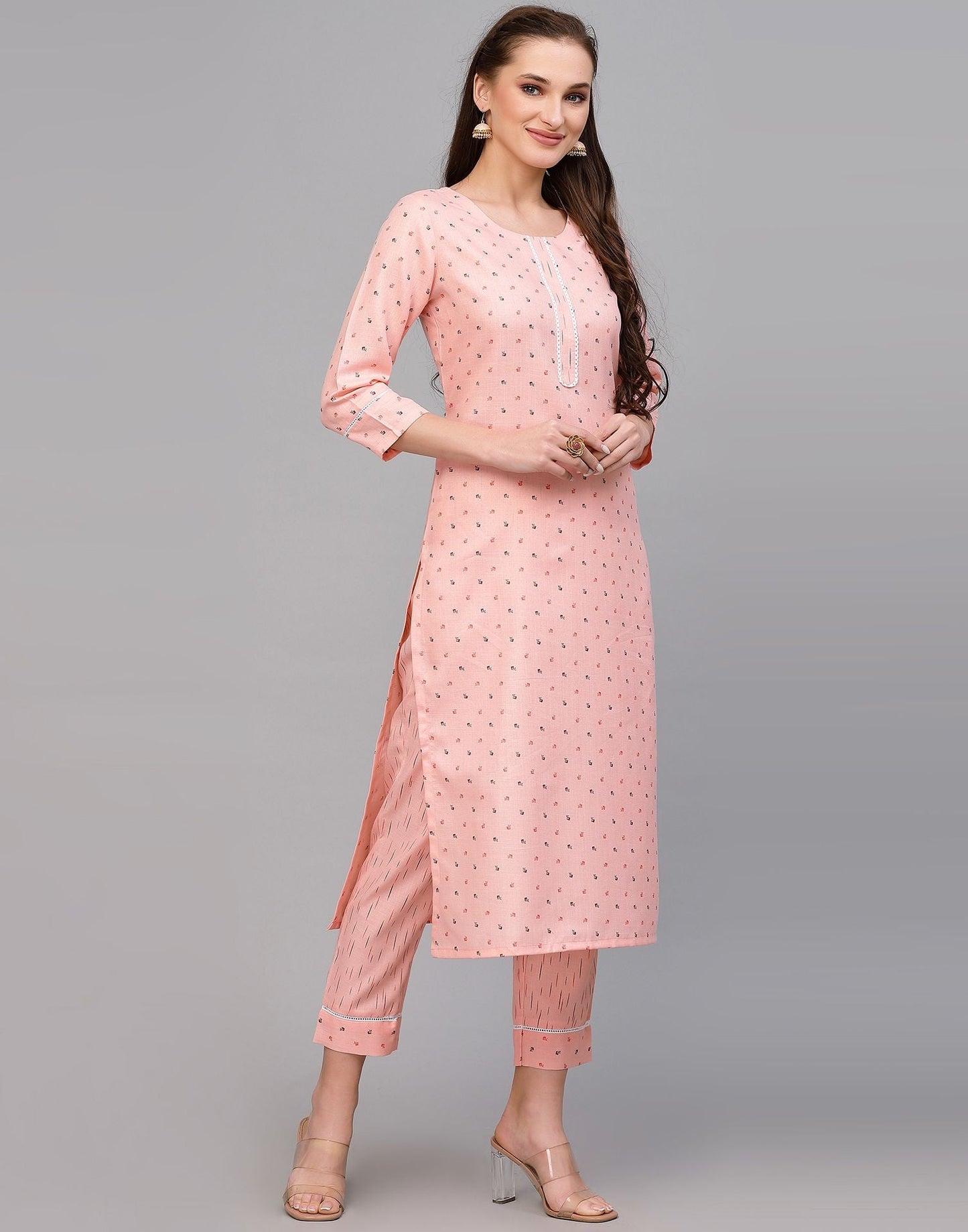 Peach Cotton Printed Straight Kurta With Pant Set | Leemboodi