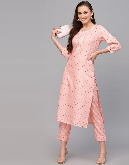 Peach Cotton Printed Straight Kurta With Pant Set | Leemboodi