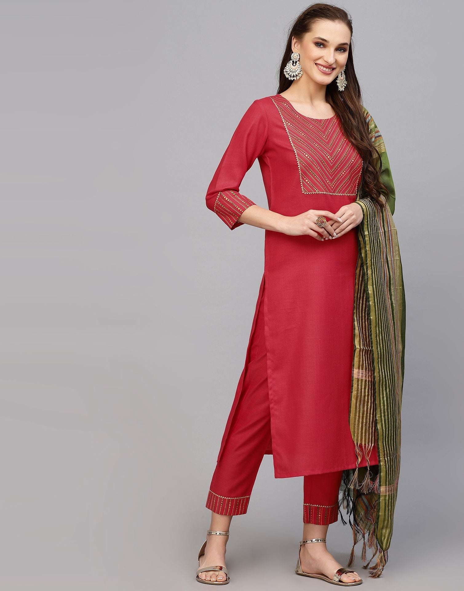 Pink Cotton Kurti With Pant And Dupatta | Leemboodi