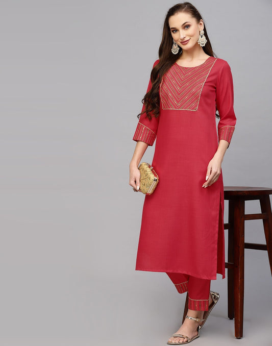 Pink Cotton Kurti With Pant Set | Leemboodi