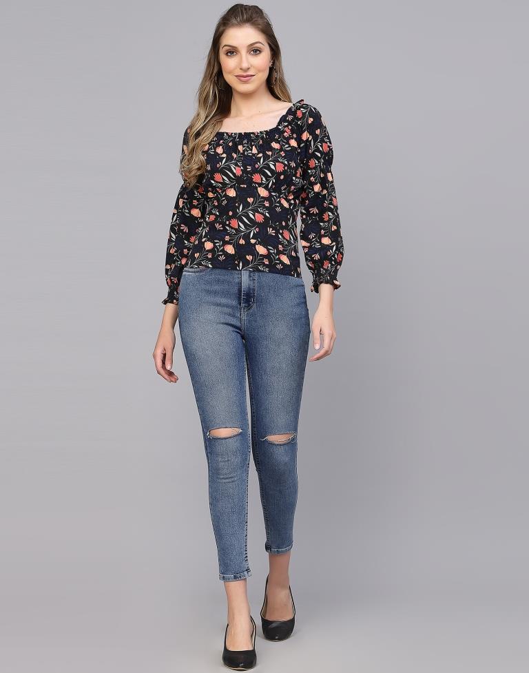 Black Floral Print Top | Leemboodi