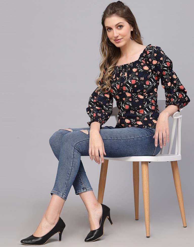 Black Floral Print Top | Leemboodi