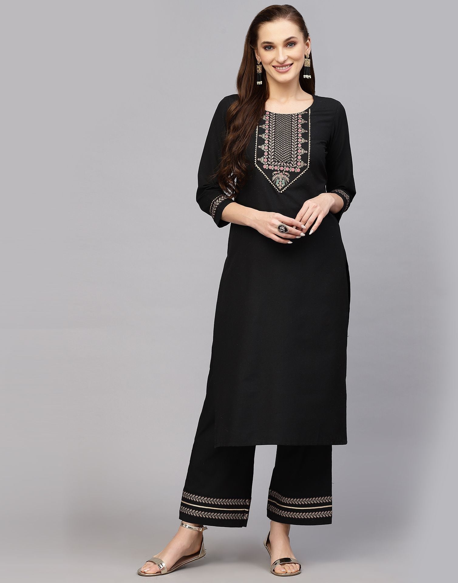 Black Cotton Kurti With Pant Set | Leemboodi