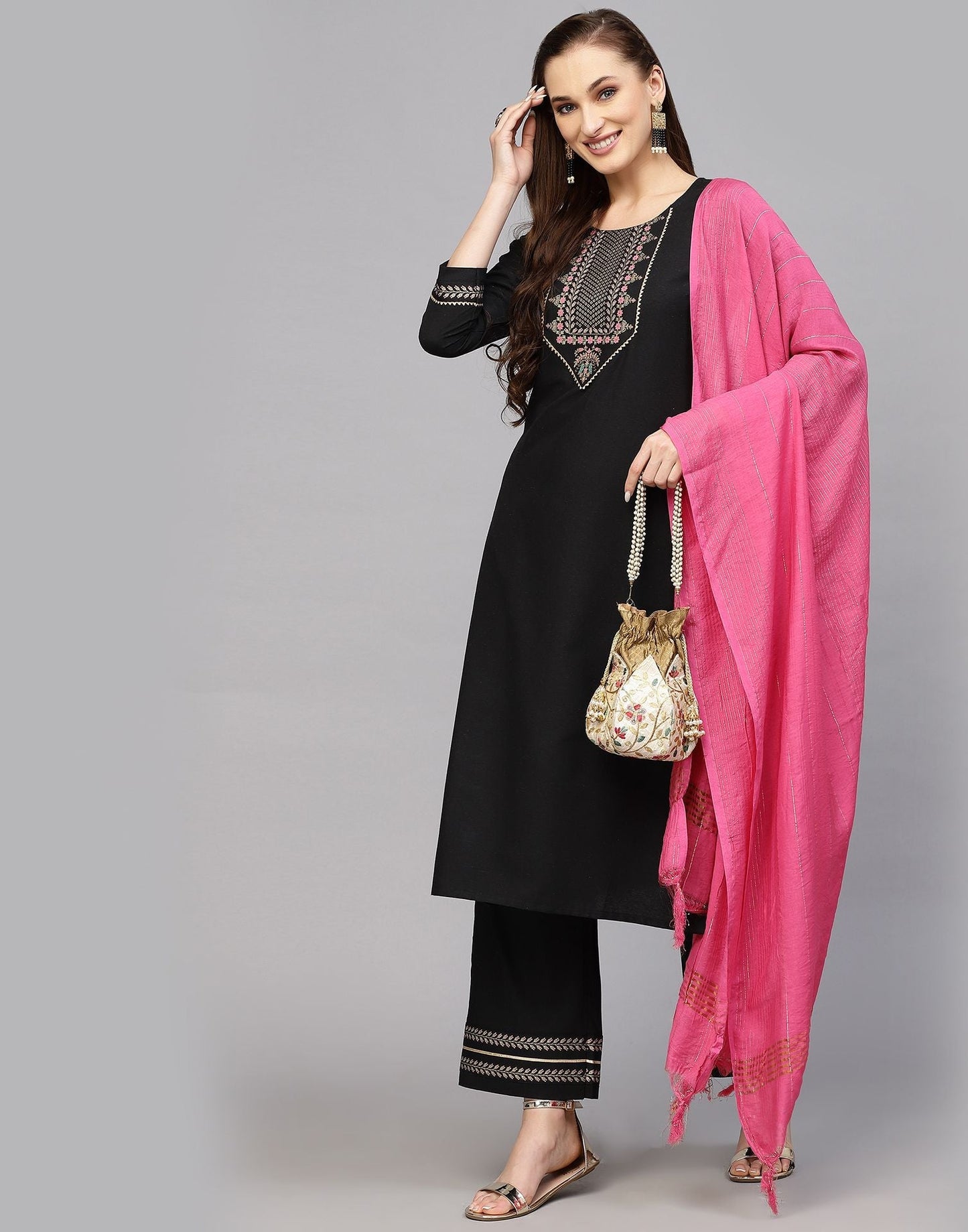 Black Kurti With Pant And Dupatta | Leemboodi