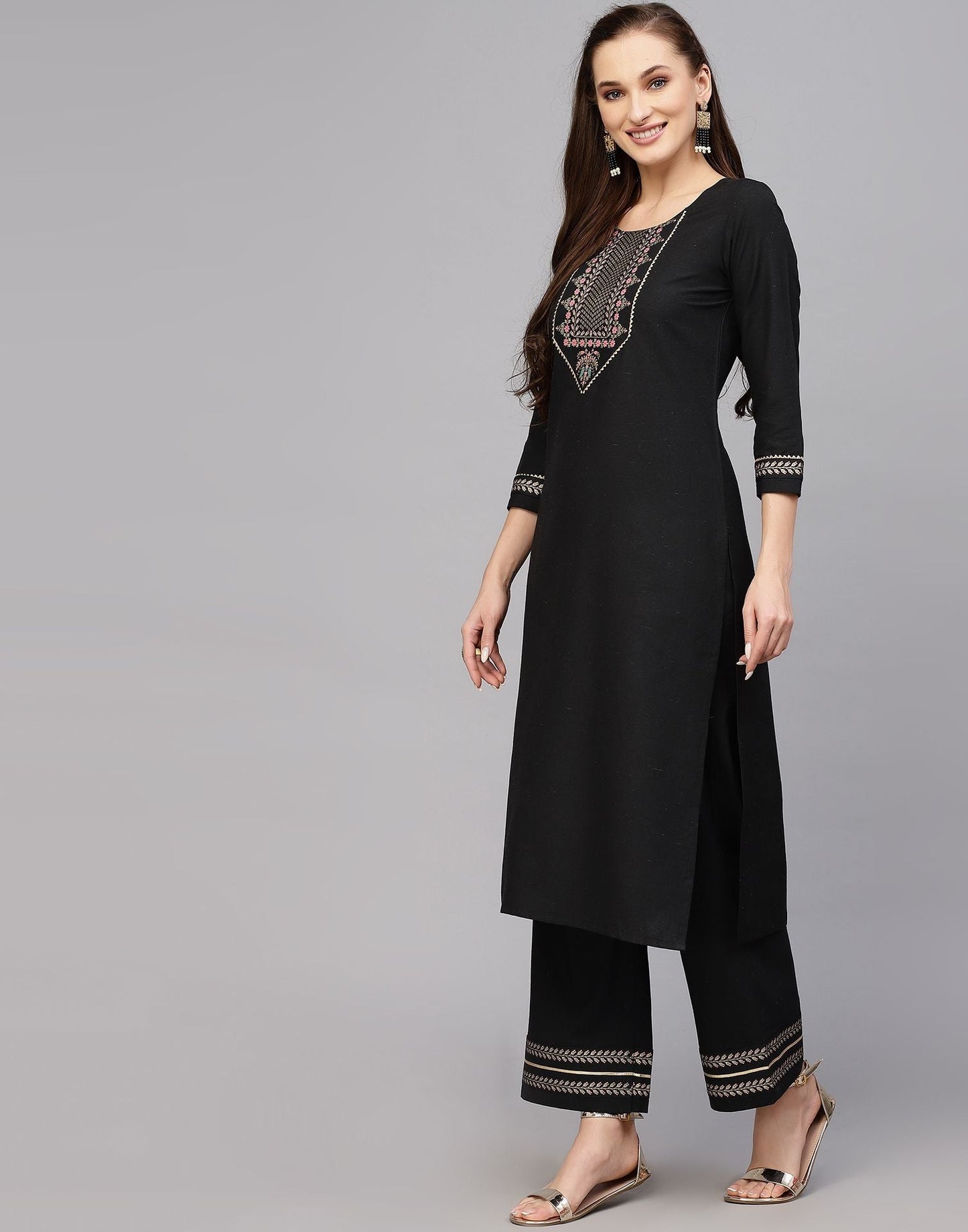 Black Cotton Kurti With Pant Set | Leemboodi