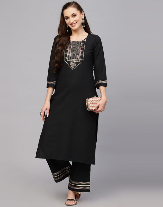 Black Cotton Kurti With Pant Set | Leemboodi