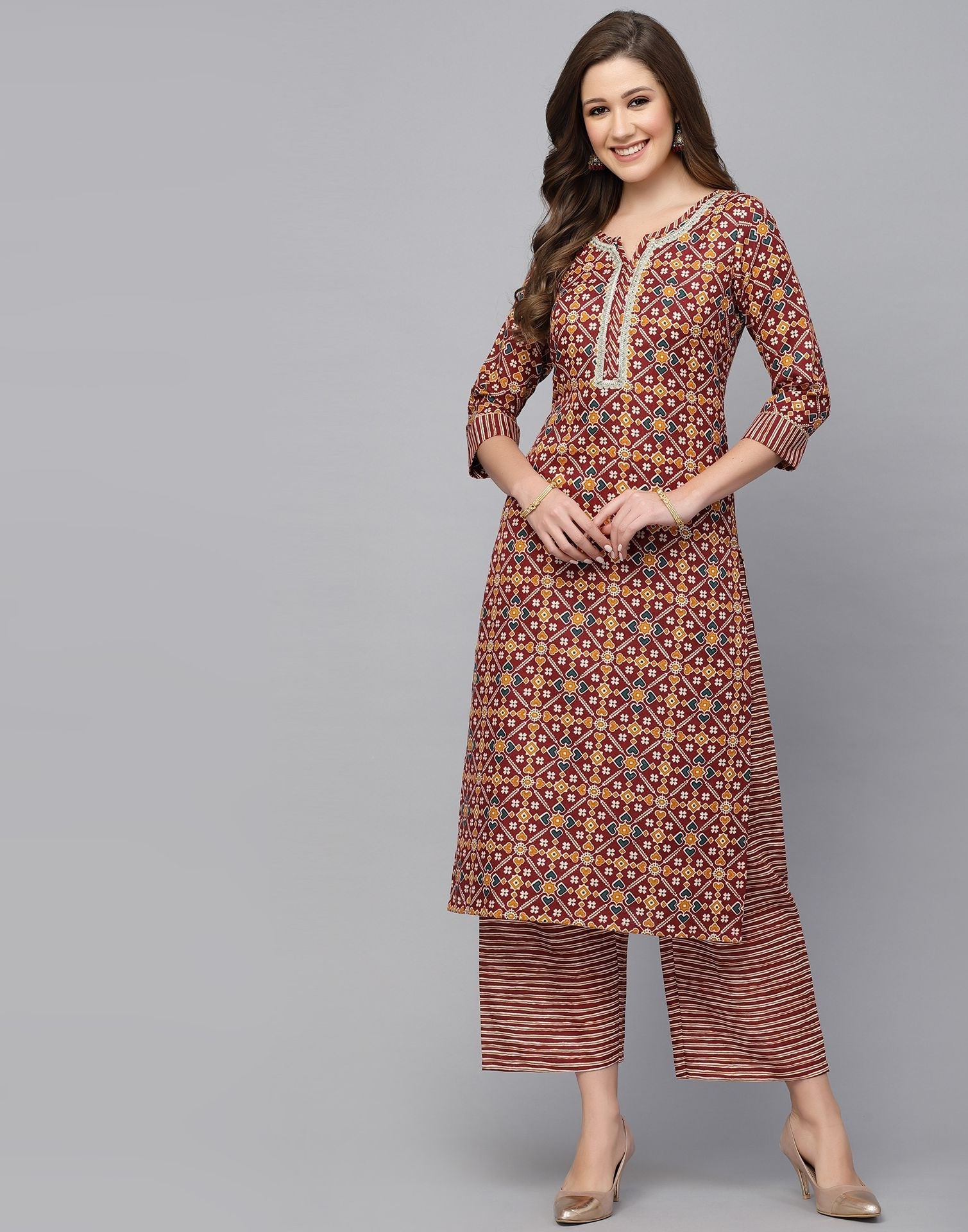 Maroon Cotton Kurti With Pant Set | Leemboodi