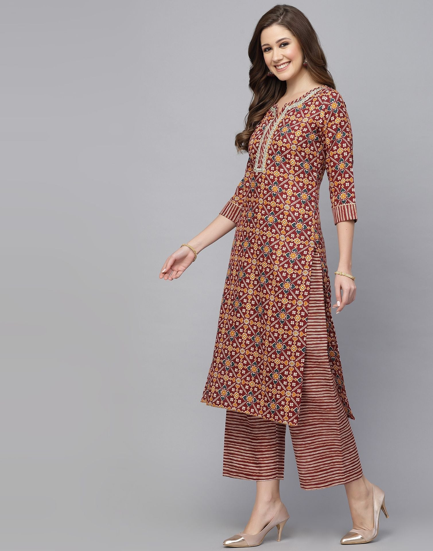 Maroon Cotton Kurti With Pant Set | Leemboodi