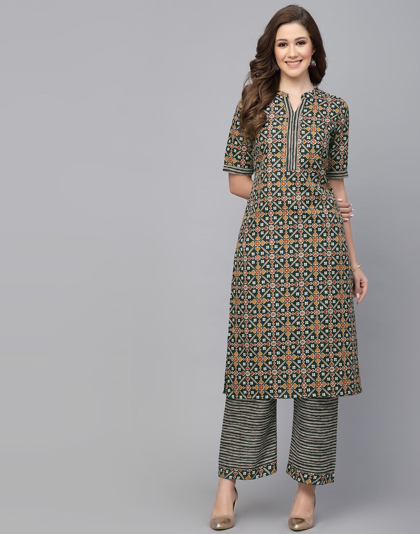 Dark Green Cotton Kurta With Pant Set | Leemboodi