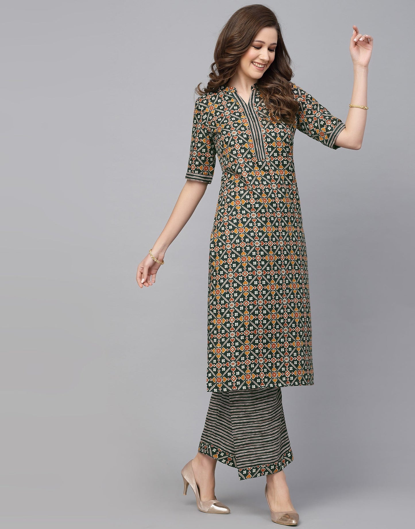 Dark Green Cotton Kurta With Pant Set | Leemboodi