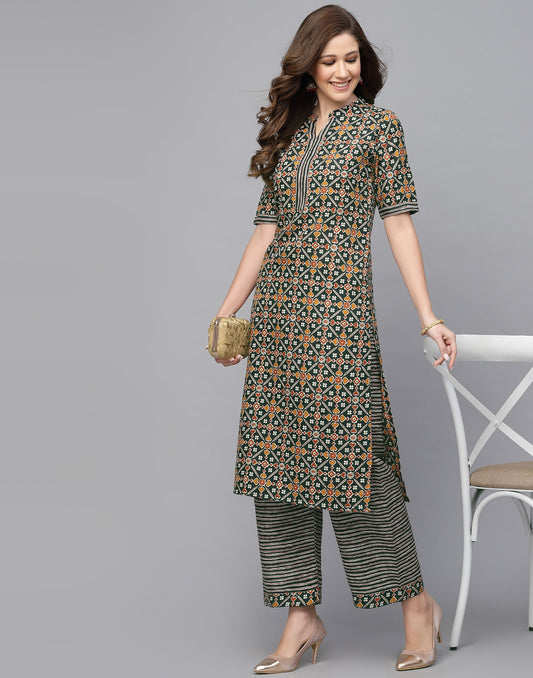 Dark Green Cotton Kurta With Pant Set | Leemboodi