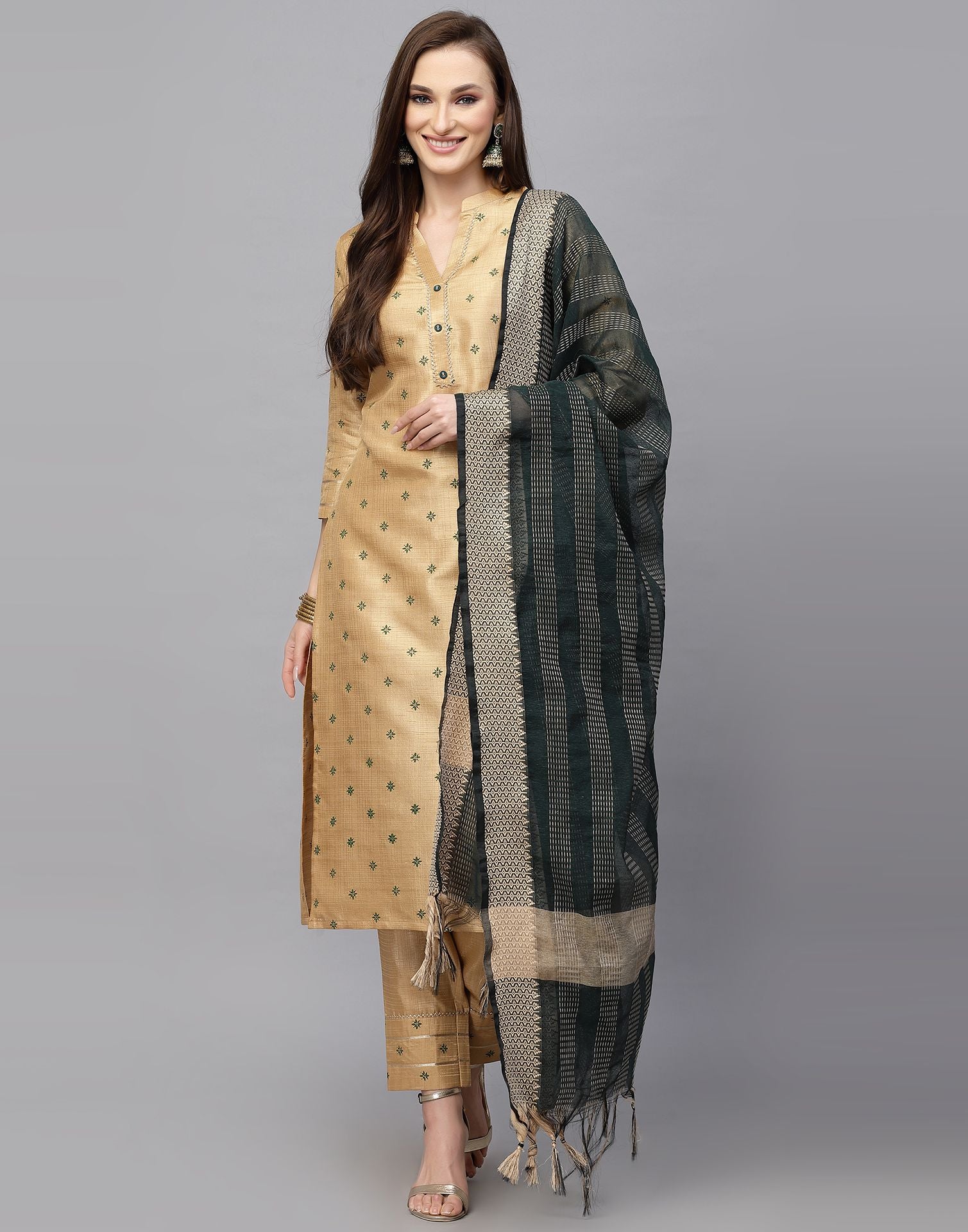 Beige Printed Kurti With Pant And Dupatta | Leemboodi