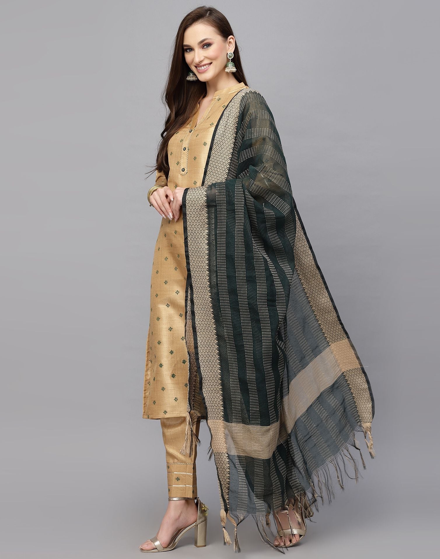 Beige Printed Kurti With Pant And Dupatta | Leemboodi