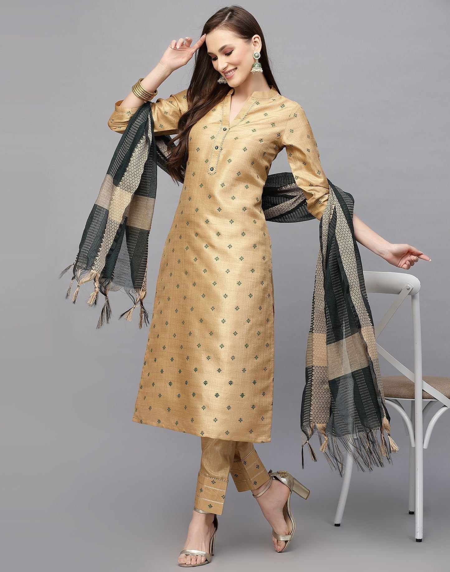 Beige Printed Kurti With Pant And Dupatta | Leemboodi