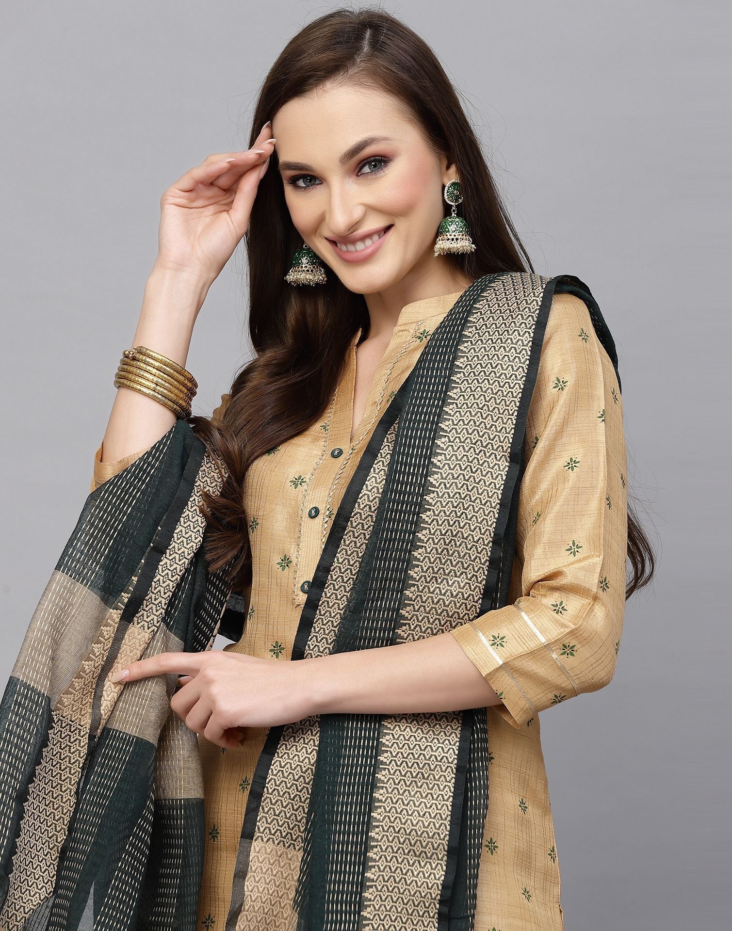 Beige Printed Kurti With Pant And Dupatta | Leemboodi