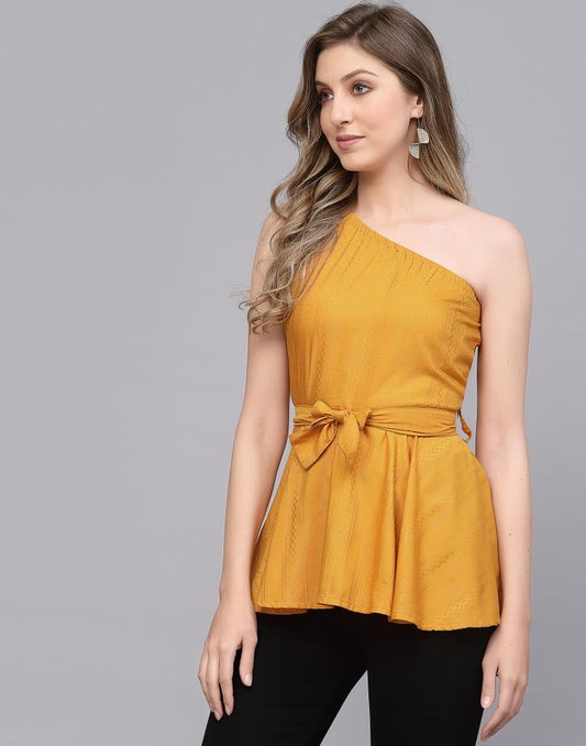 Mustard One Shoulder Peplum Tunic | Leemboodi