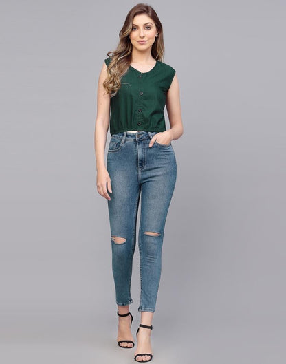 Bottle Green Sleeveless Button up Top | Leemboodi