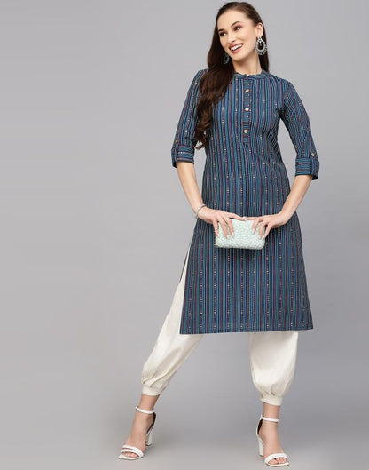 Teal Blue Printed Cotton Straight Kurta