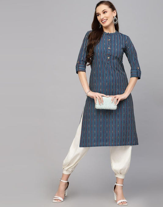 Teal Blue Printed Cotton Straight Kurta