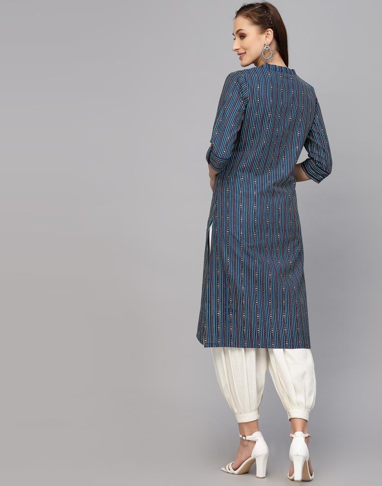 Teal Blue Printed Cotton Straight Kurta
