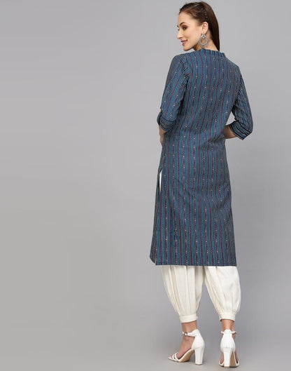 Teal Blue Printed Cotton Straight Kurta