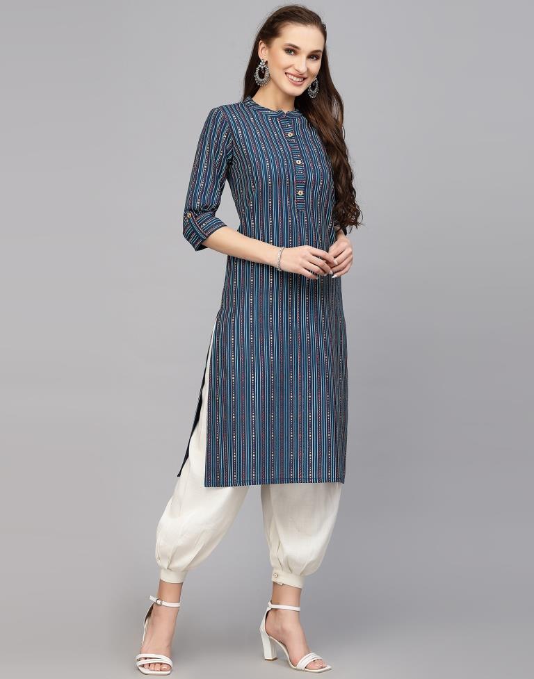 Teal Blue Printed Cotton Straight Kurta