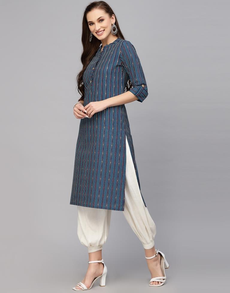 Teal Blue Printed Cotton Straight Kurta