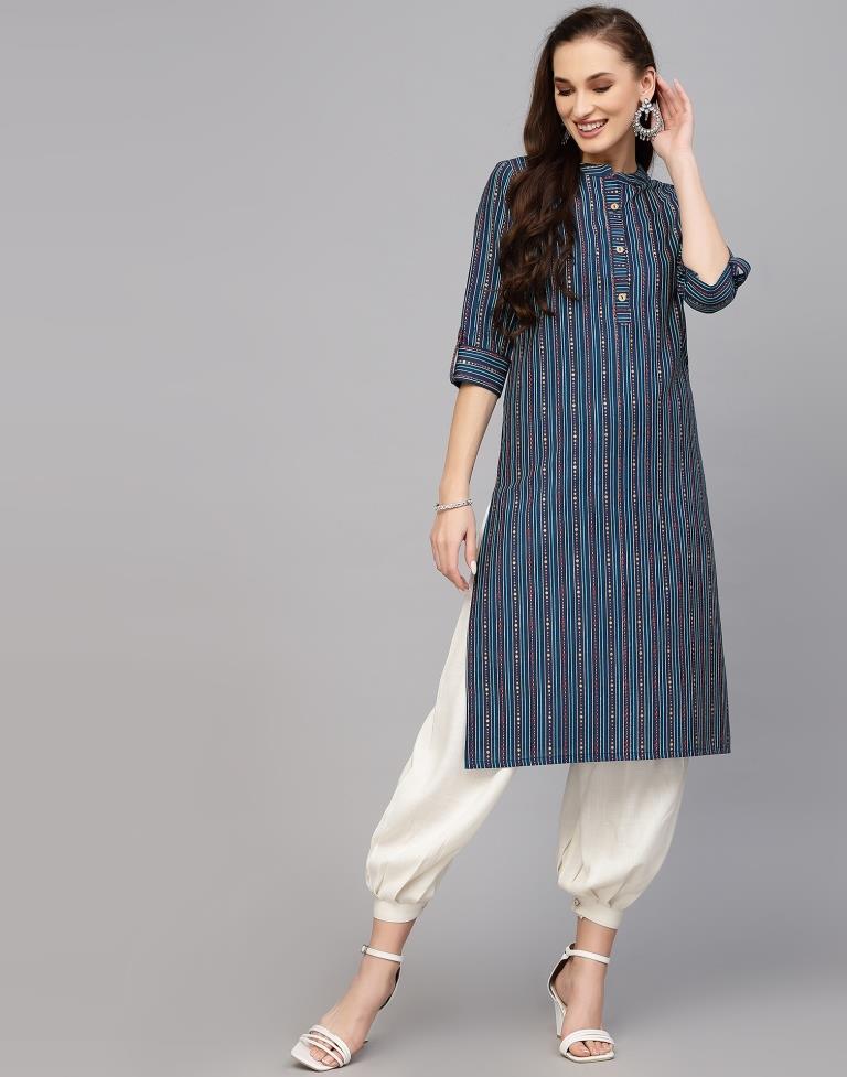Teal Blue Printed Cotton Straight Kurta