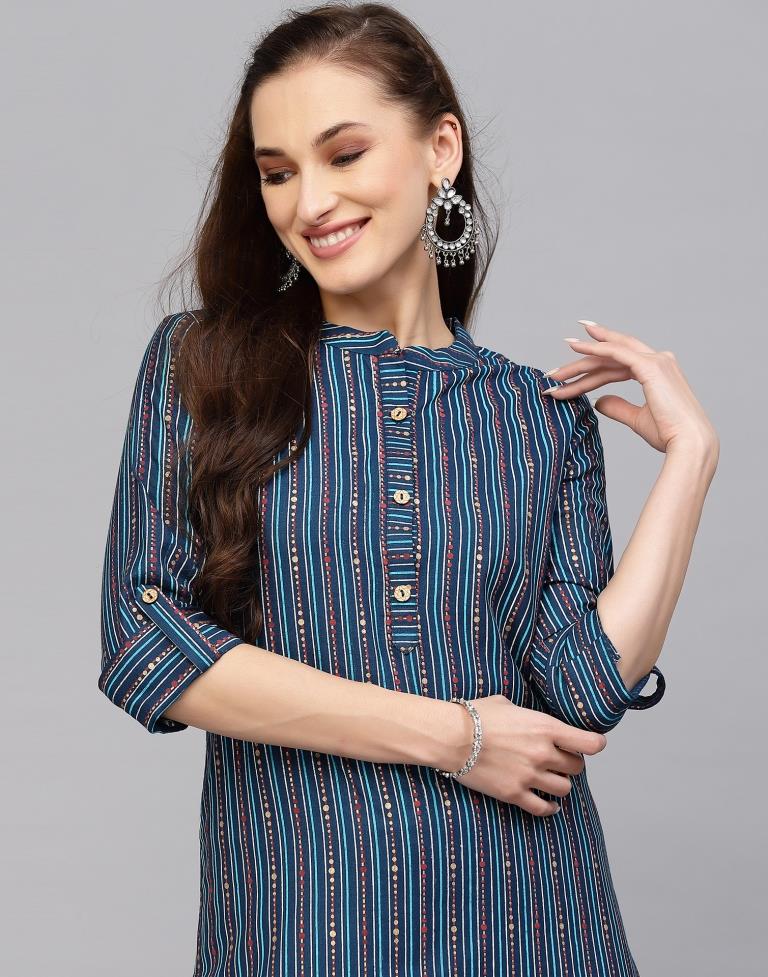 Teal Blue Printed Cotton Straight Kurta