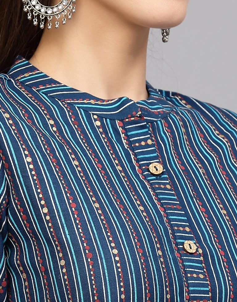 Teal Blue Printed Cotton Straight Kurta