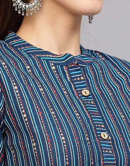 Teal Blue Printed Cotton Straight Kurta