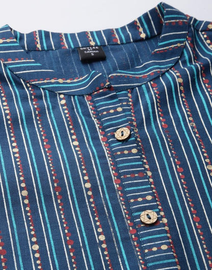 Teal Blue Printed Cotton Straight Kurta