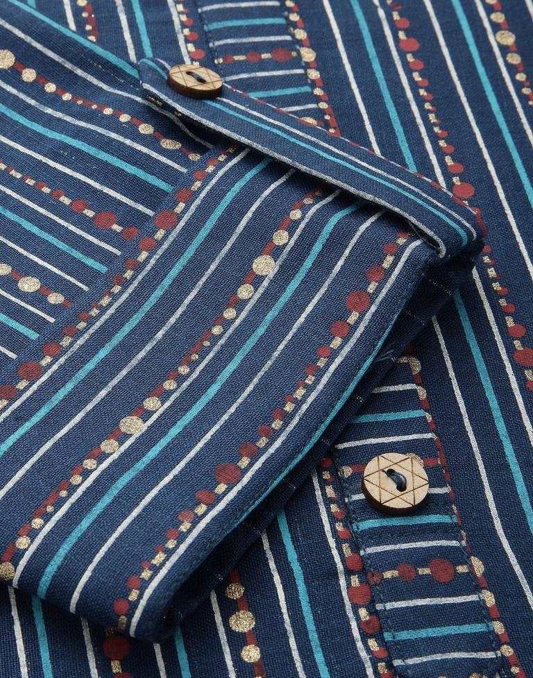 Teal Blue Printed Cotton Straight Kurta