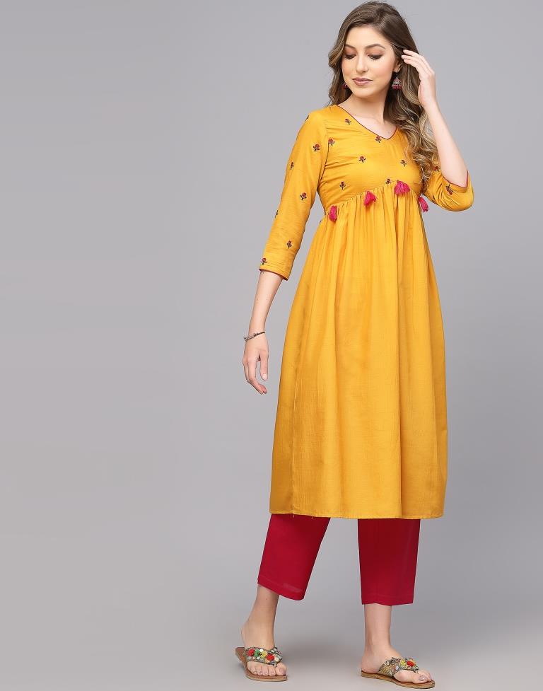 Musterd Yellow Embroidery Chinnon A-Line Kurta