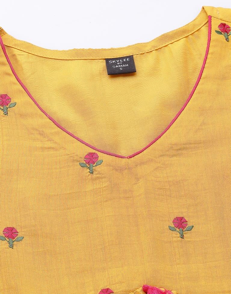 Musterd Yellow Embroidery Chinnon A-Line Kurta