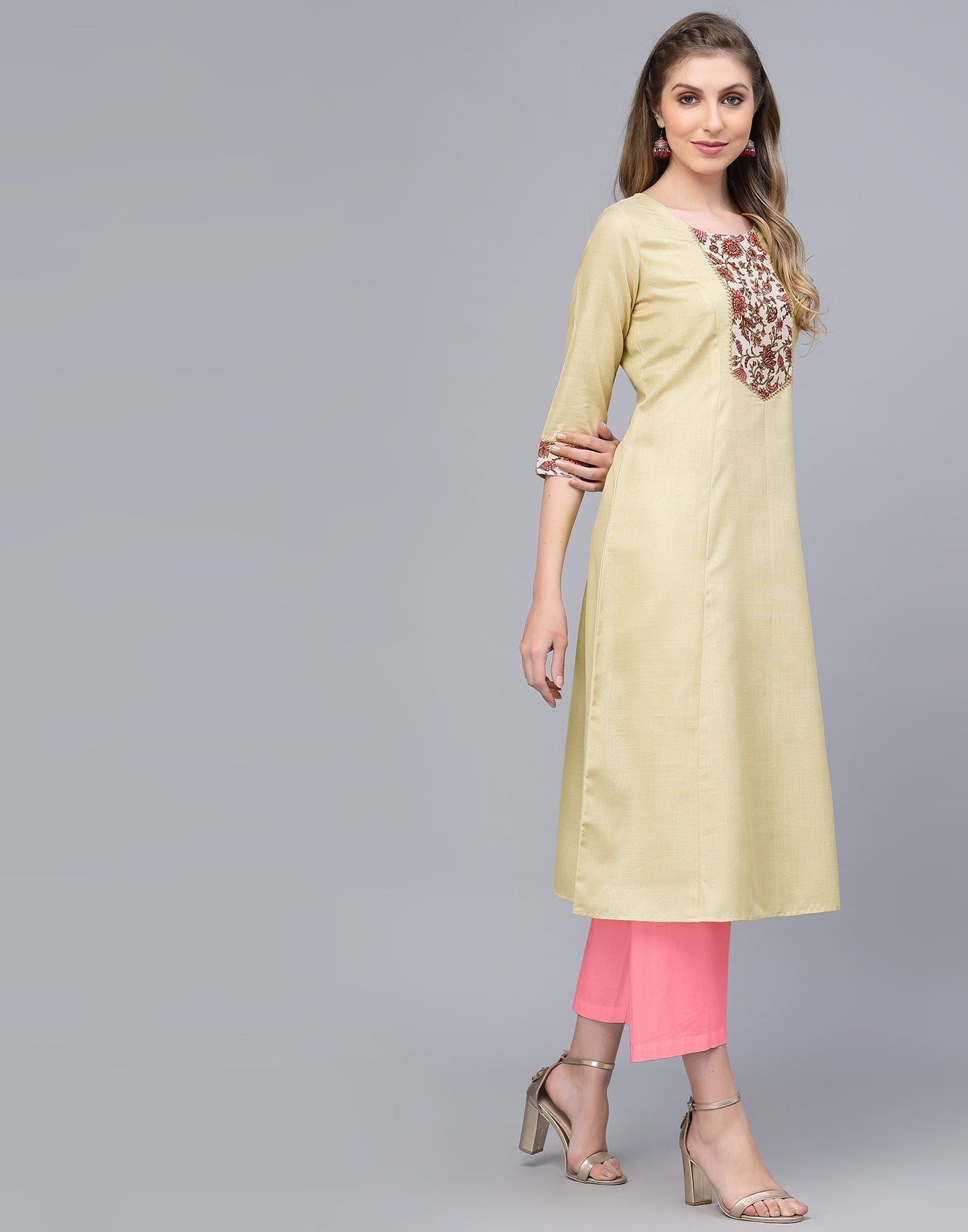 Cream Printed A-Line Kurti | Leemboodi