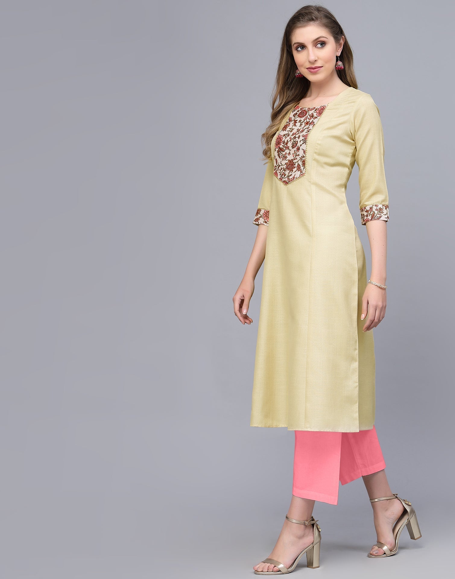 Cream Printed A-Line Kurti | Leemboodi