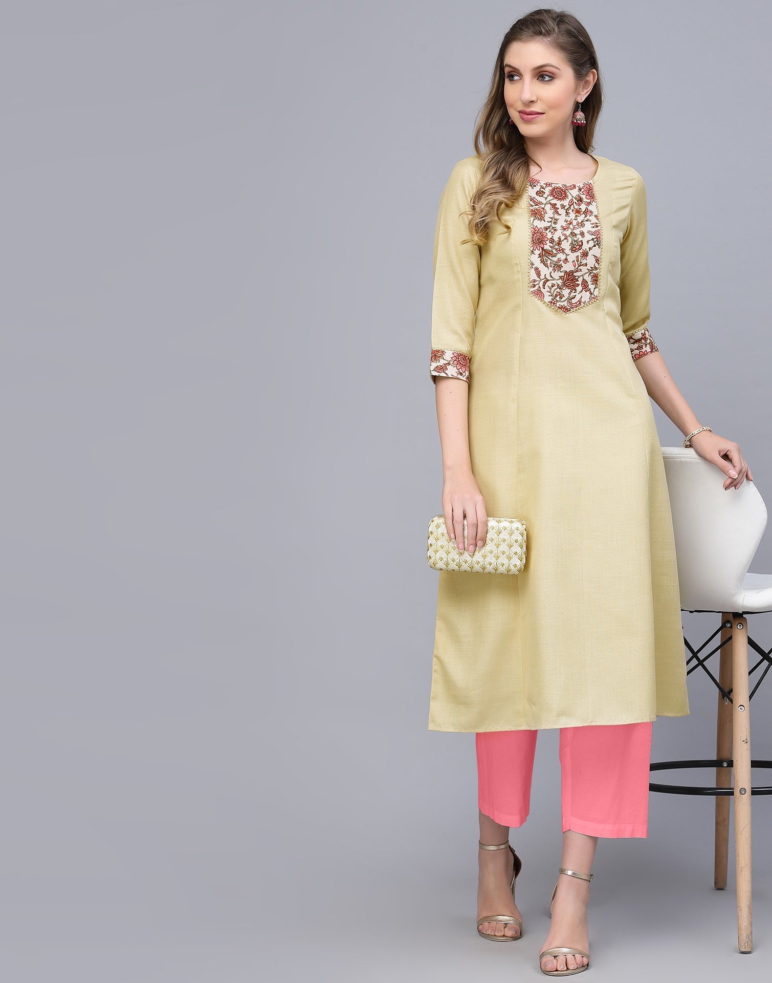 Cream Printed A-Line Kurti | Leemboodi