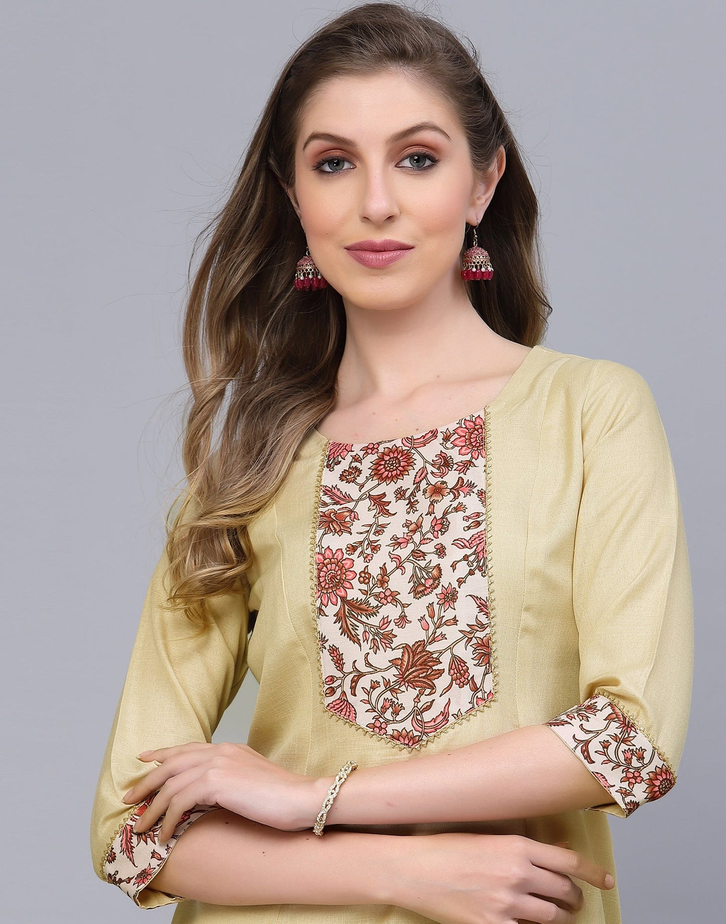 Cream Printed A-Line Kurti | Leemboodi