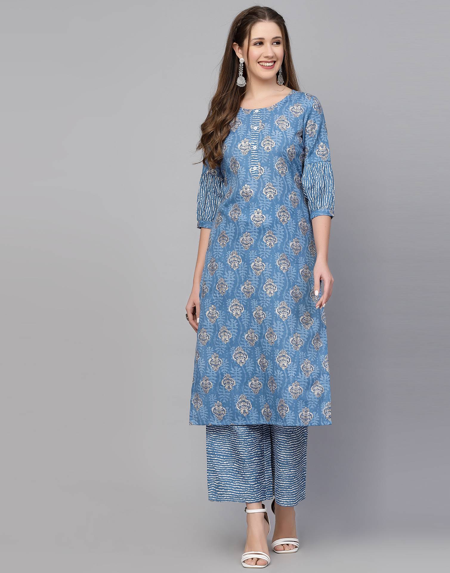 Blue Cotton Printed Kurta with Pant Set | Leemboodi